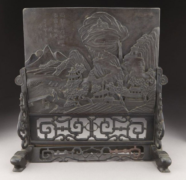 Chinese carved Qiyang stone table screen depicting: Chinese carved Qiyang stone table screen depicting figures in a landscape and a poem. Dated 1924. Screen: 12.5"H x 15.5"W, Overall: 19"H,