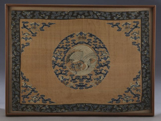 Chinese Qing kesi panel depicting cranes and bats.: Chinese Qing kesi panel depicting cranes and bats. 26"H x 35.5"W, Circa - Early 19th C.