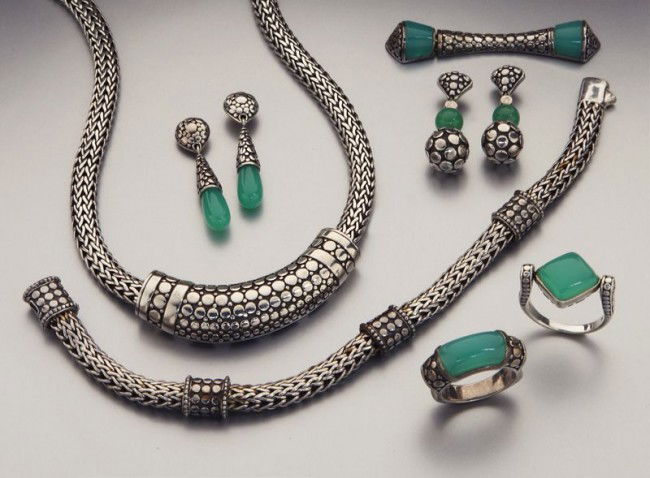 7 Pcs. John Hardy Kali silver and chrisophrase: jewelry including two rings, two pairs of earrings, a bar pin and a necklace and bracelet. Bearing John Hardy mark and stamped, "925". 147 grams. Necklace 16", bracelet 7.5", rings size 6 and 7.5, ear