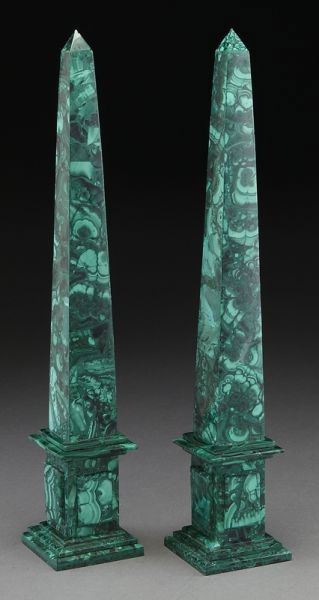 Pr. Malachite veneered obelisks: raised on stepped bases. 17.25"H, Circa - 20th C.