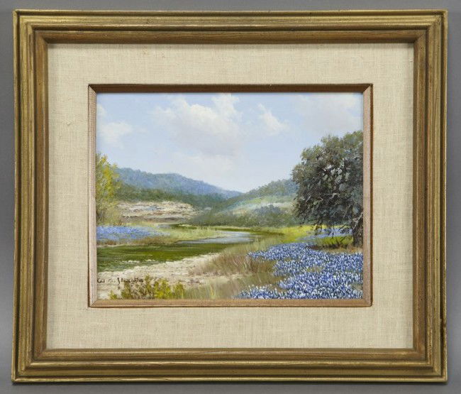 William A. Slaughter, "Bluebonnet Landscape" oil: painting on canvas. Canvas: 11"H x 14"W; Frame: 18.75"H x 22"W. Signed lower left, "W.A. Slaughter". William A. Slaughter (American, 1923-2003) was a Texas artist known for Texas landscape scenes. Cir
