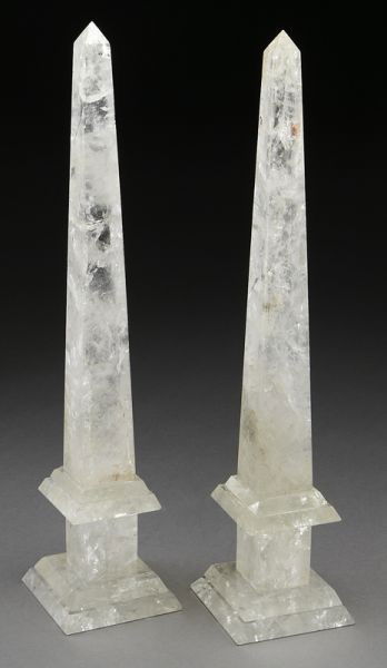 Pr. Rock crystal obelisks,: raised on rectangular rock crystal stepped bases. 17.75"H, Circa - 20th C.