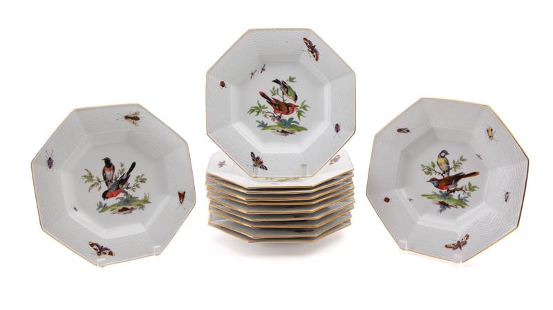 (12) Meissen octagonal porcelain plates,: (12) Meissen octagonal porcelain plates, each with gold trimmed basket weave borders with central decoration of birds, surrounded by butterflies and insects. With blue underglaze crossed sword marks. 
