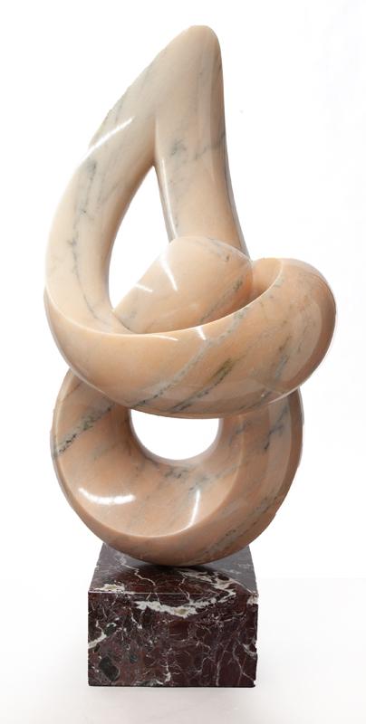 Richard Erdman "Clef III" Portuguese rose marble: Richard Erdman "Clef III" Portuguese rose marble, sculpture, raised on marble plinth, further atop column. Signed and dated, "Erdman 1983". Richard Erdman (American, b. 1952). 40"H x 21"W