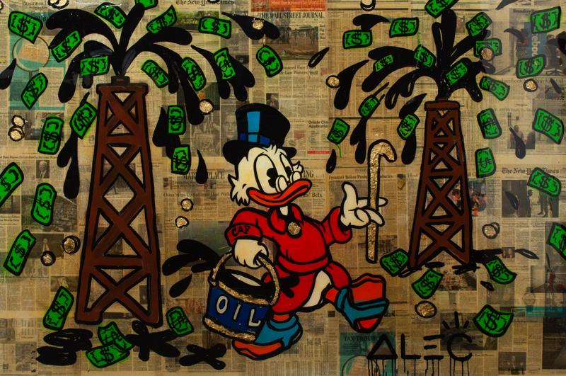 Alec Monopoly "Scrooge Oil Rig" acrylic,: Alec Monopoly "Scrooge Oil Rig" acrylic, spray paint and collage on canvas with resin, 2014. Signed lower right "ALEC". Canvas: 48"H x 72"W. Alec Monopoly (American, b. 1986).