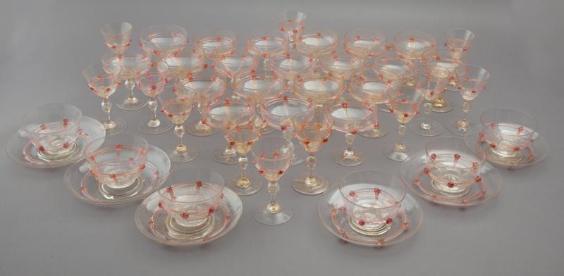 (38) Pc. set of Venetian glass stemware,: (38) Pc. set of Venetian glass stemware, including: (12) champagne coupes with applied pink decoration and gold flecked decoration throughout (4.5"H); (12) matching small wine glasses (5.25"H); (6) ma