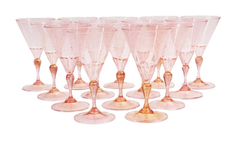 (14) Venetian glass pink wine goblets,: (14) Venetian glass pink wine goblets, all with flecked gold decoration. 6.75"H.