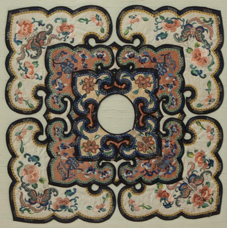 Chinese embroidered collar: Chinese embroidered collar, with scrolling floral and vine detail. Site: 23" Sq.; Frame: 30.5" Sq.