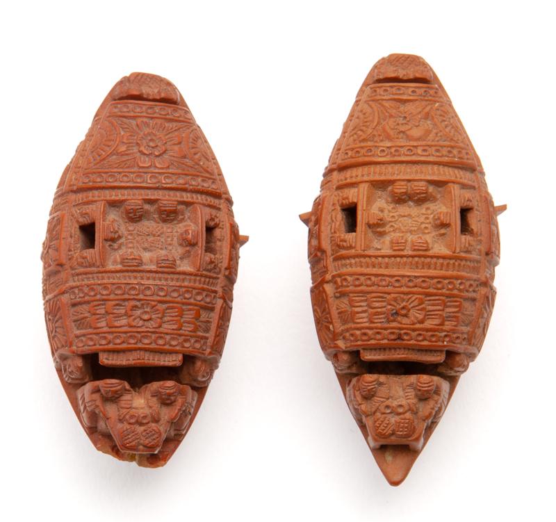 (2) Chinese carved olive seed boats, (1 of 9)
