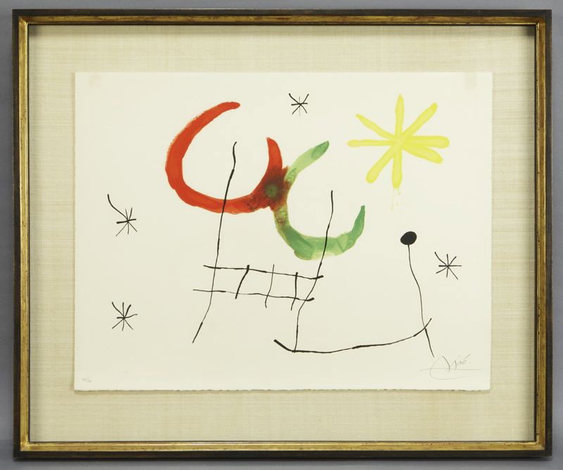 Joan Miro, "Ubu aux Baleares" color lithograph.: Sheet: 20"H x 26"W; Frame: 27.5"H x 33.25"W. Signed in pencil lower right, "Miro". Edition in pencil lower left, "106/120". Joan Miro (Spanish, 1893-1983). Created in 1971, this work is from an album 