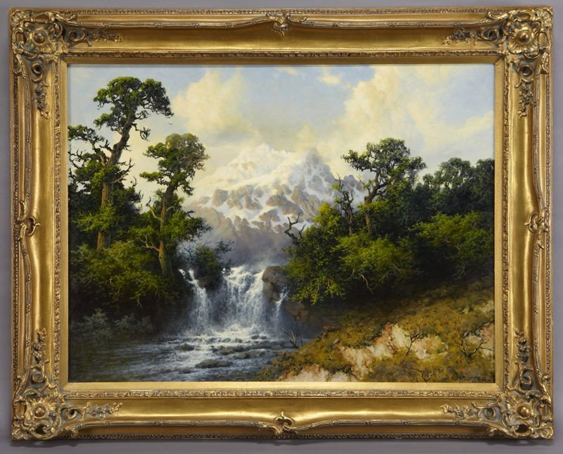A.D. Greer, "Waterfall" oil painting on canvas.: Canvas: 30"H x 40"W; Frame: 40"H x 50"W. Signed lower right, "A. D. Greer 92". A.D. Greer (American, 1904-1998) was primarily known for his landscape paintings.