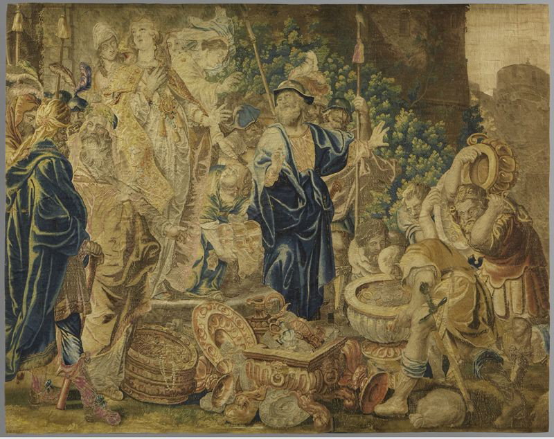 Flemish 18th C. tapestry depicting Judith: on her return to Israel. 108.25"H x 140"W,