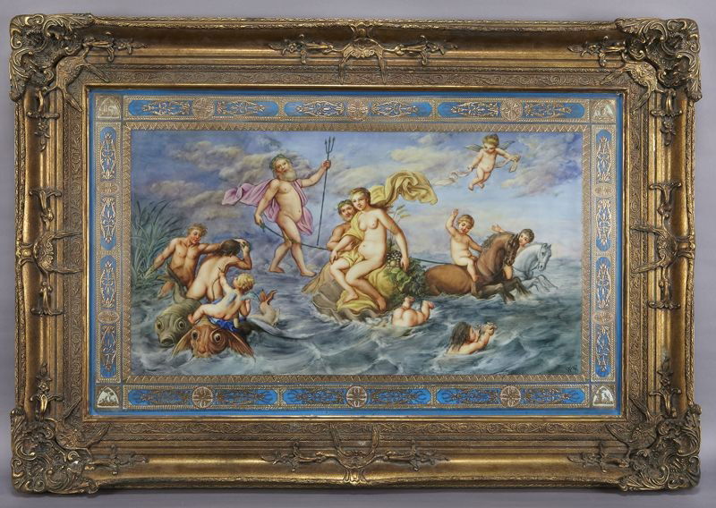 Large framed Vienna style porcelain plaque: depicting a seascape with Neptune and Venus, accented by raised gilt detailing, in a gilt wood frame. Signed, "WR". Bearing a Sevres style mark in blue over glaze. 33.25"H x 48"W