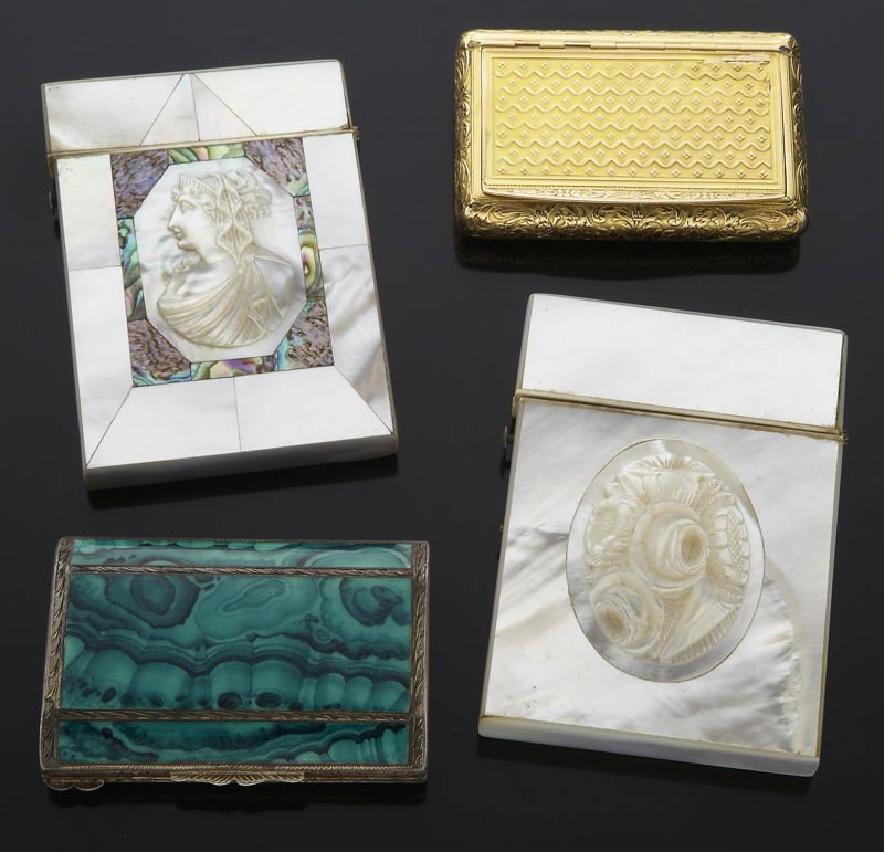 (4) Decorative cases including:: (1) 18K gold pill box, (1) sterling silver box with malachite veneer, and (2) mother-of-pearl card cases with cameo carvings. Markings on gold box indistinguishable, silver box marked, "800". 18K case