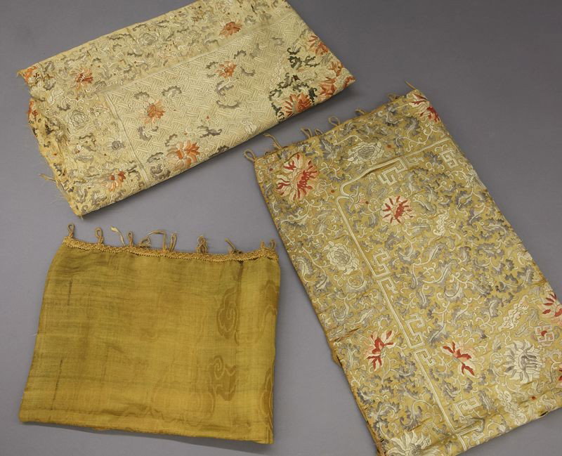 (3) Chinese Qing embroideries,: depicting bats, flowers and lucky symbols. Largest: 43"H x 28.25"W, Circa - 19th C.