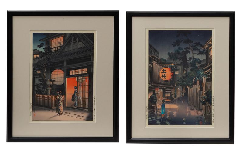 Tsuchiya Koitsu Pair of Japanese Woodblocks,: Tsuchiya Koitsu, Pair of Japanese Woodblocks, including: "Yotsuya Araki Yokocho" and "Ushigome, Kagurazaka". Each site: 15.5"H x 10.5"W; Frame: 21.5"H x 17.5"W. PROVENANCE: The Estate of Leonard E. Wa