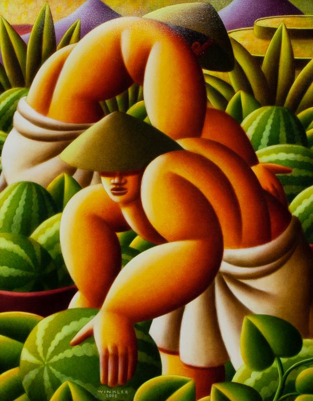 Richard Winkler "Balinese Farmer" oil: Richard Winkler "Balinese Farmer" oil on canvas, 2008. Signed and dated left of center, "Winkler / 2008". Canvas: 23.5"H x 18.5"W; Frame: 33.5"H x 28.5"W. Richard Winkler (Swedish, b. 1969).