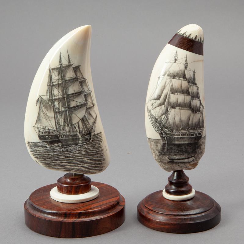 (2) Pcs. American scrimshaw,: (2) Pcs. American scrimshaw, depicting tall mast ships. Signed, "Rashidi". NOTE: Per Federal Regulation, this item may only be purchased by a Texas resident and will not be shipped out of state. 6"H,