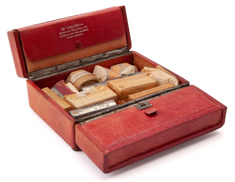 Rare "Tabloid" first aid kit in red leather box, (1 of 10)