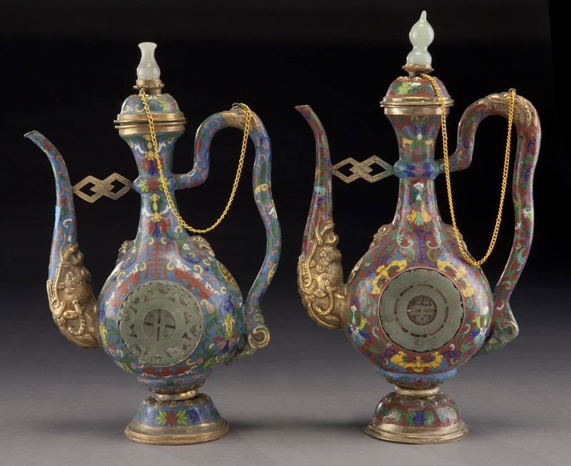 Pr. Chinese-Mongolian jade inlaid cloisonne: libation pots, depicting bats and peony. 11.5"H, Circa - Late 19th - Early 20th C.