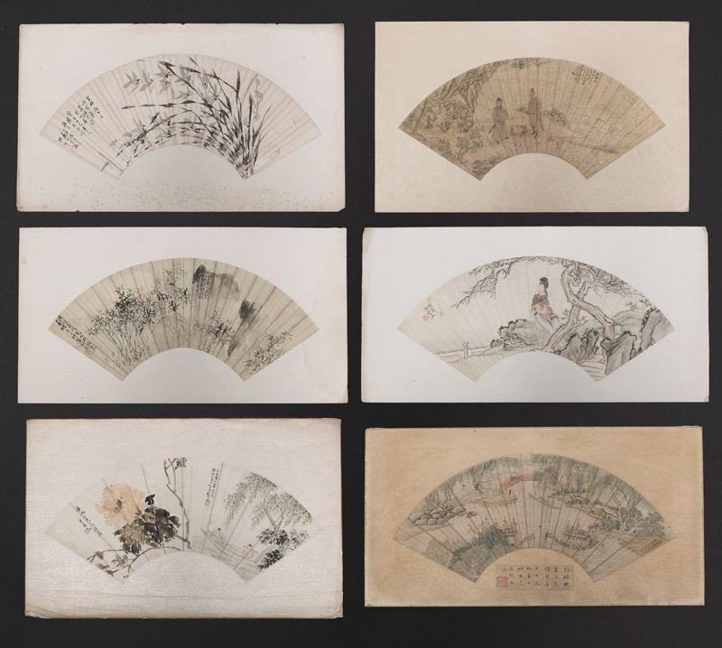 (6) Chinese Qing watercolor fans,: by Liu Luan Xiang, You He and Wan Qi. Site: 7"H x 20.5"W, Circa - 18th - 19th C.