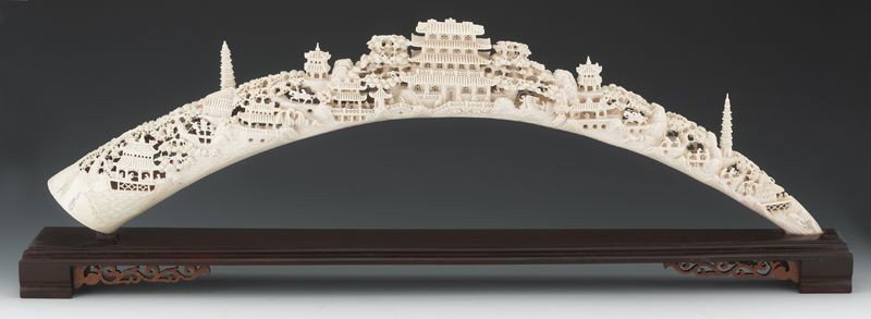 Chinese carved elephant tusk: (International buyers should note that several countries do not allow the importation of lots containing materials made from endangered species. This includes, but is not limited to, ivory, coral and 