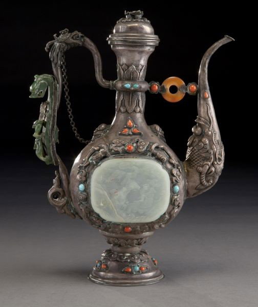 Chinese-Mongolian silver libation pot,: mounted with turquoise and coral beads. 10.25"H, Circa - Late 19th - Early 20th C.