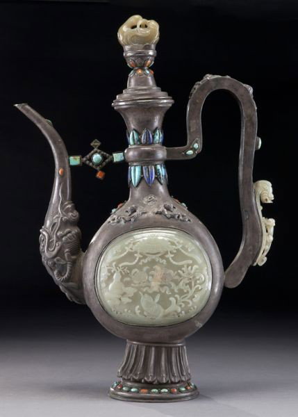 Chinese-Mongolian jade inlaid silver libation pot: studded with lapis lazuli and turquoise beads. 17.25"H, Circa - Late 19th - Early 20th C.