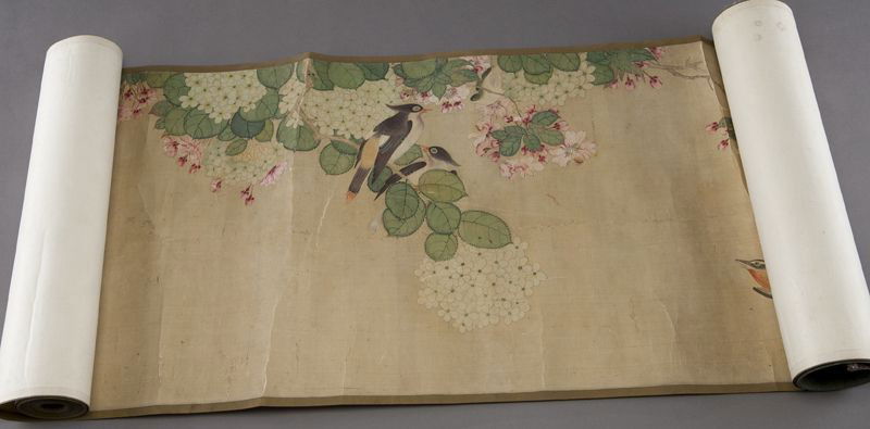 Chinese watercolor hand scroll attr. to Lu Zhi: depicting birds and flowers. Lu Zhi (Chinese, 1496-1576). Site: 57"L x 11.25"H.