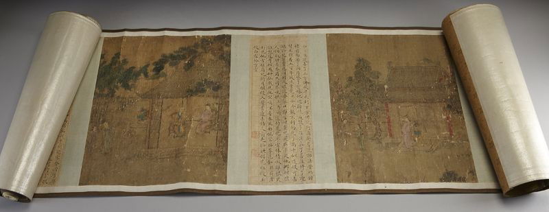 Chinese watercolor scroll attr. to Qiu Ying,: and Wang Chong, depicting the story of Xi Xiang Ji. Qiu Ying (Chinese, 1495-1552) Wang Chong (Chinese, 1494-1553). Site: 11.75"H x 149"W; Overall: 197"W,