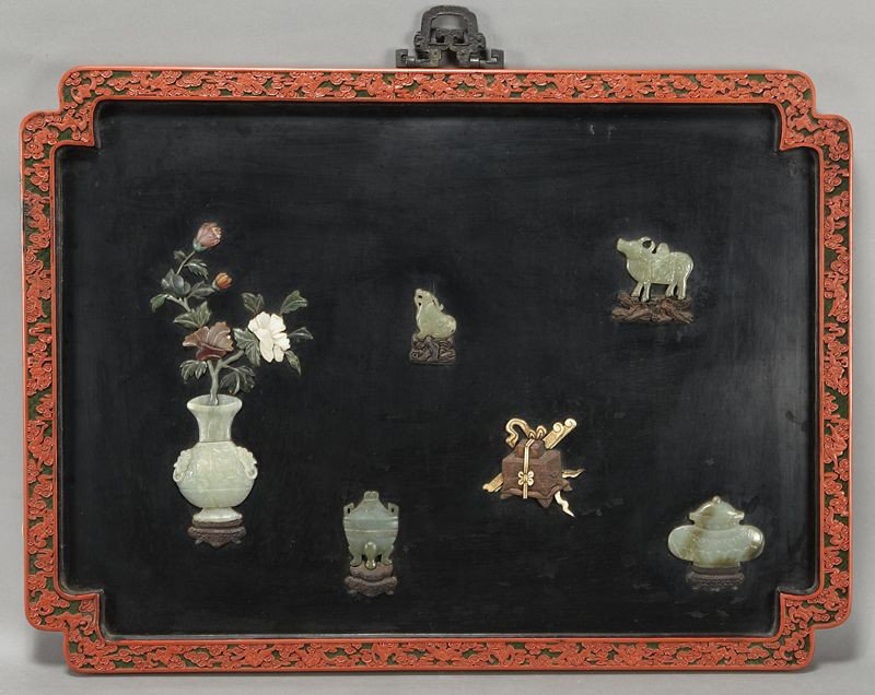 Chinese jade and hard stone mounted cinnabar: screen depicting vases, animals and censers. 25.75"H x 35.5"W, Circa - Early 20th C.