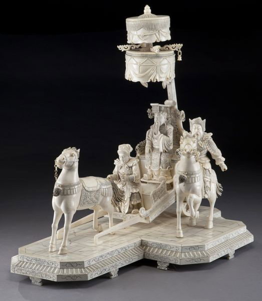 Chinese carved ivory figural group: (International buyers should note that several countries do not allow the importation of lots containing materials made from endangered species. This includes, but is not limited to, ivory, coral and 