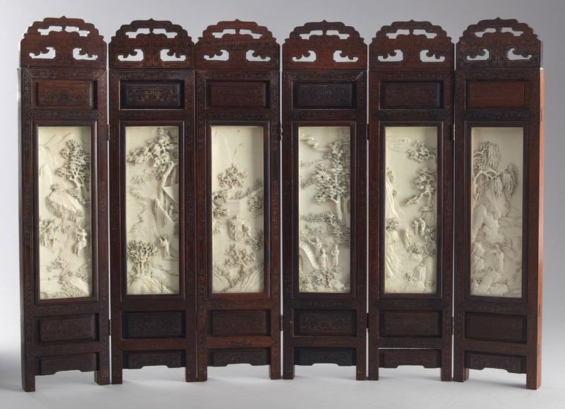 Chinese Qing carved ivory six panel table screen,