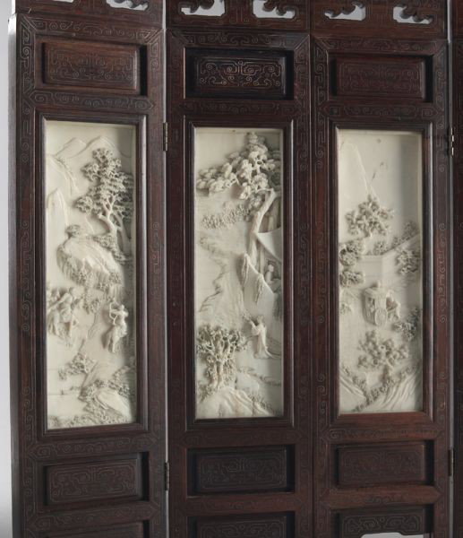 Chinese Qing carved ivory six panel table screen, - 2