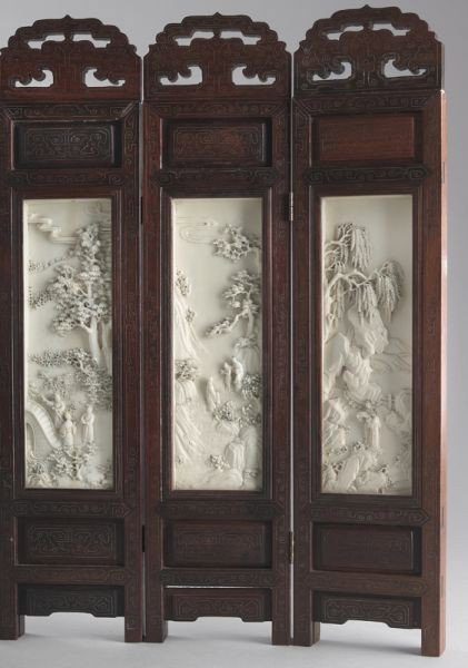 Chinese Qing carved ivory six panel table screen, - 3