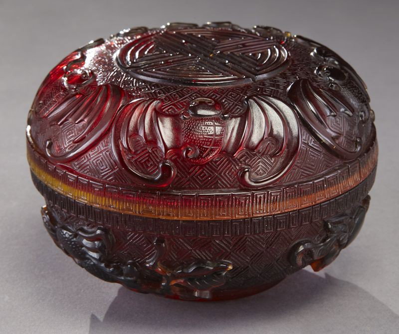 Chinese Qing Jiaqing Peking glass bowl: depicting bats and fruit. Four character Jiaqing mark on base. 2.75"H x 4" Dia., Circa - 1796-1820.