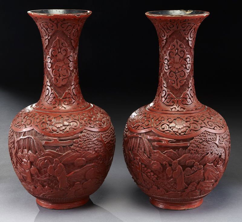 Pr. Chinese Qing carved cinnabar vases: depicting figures in a landscape. 12.5"H x 7"Dia., Circa - 19th C.