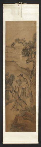 Chinese watercolor scroll attr. to Ren Yi,: depicting a scholar in a landscape. Ren Yi (Chinese, 1840-1896). Site: 56"H x 15.5"W.