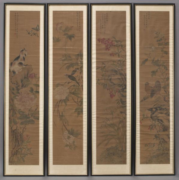 Chinese Qing framed four panel watercolor screen: attr. by Li Jue depicting the four seasons. Each panel: 45"H x 10.75"W, Circa - 18th - 19th C.