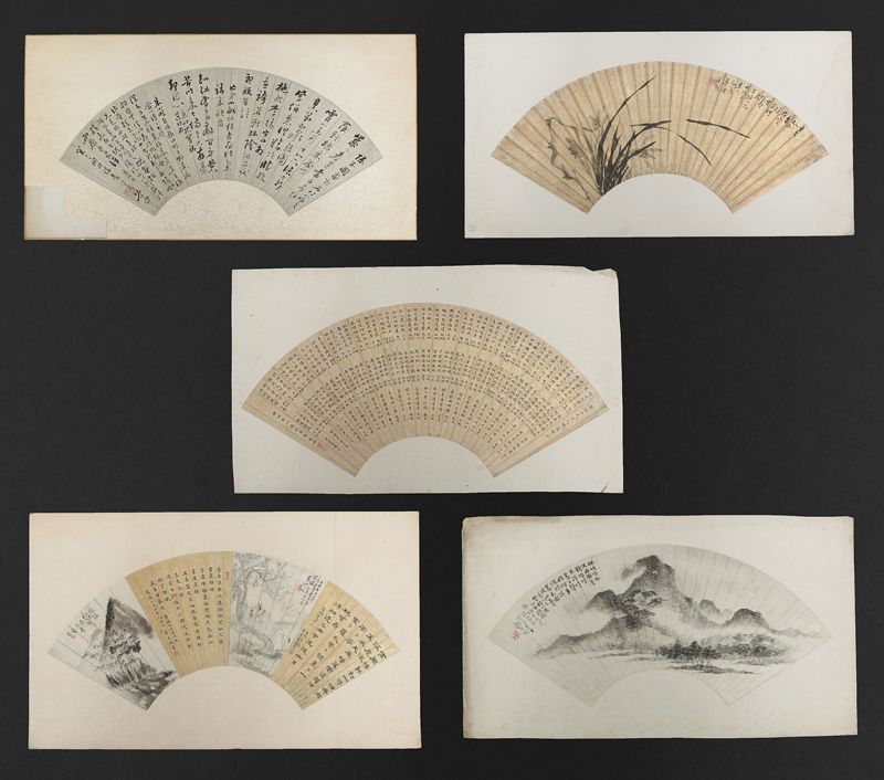 (5) Chinese Qing watercolor calligraphy fans,: by Luo Kun, Weng Shou Qi, Ye Chang Chi, Fei Ying, Luo An Xian and Qiu Hong Quan. Site: 7"H x 20.25"W, Circa - 18th - 19th C.