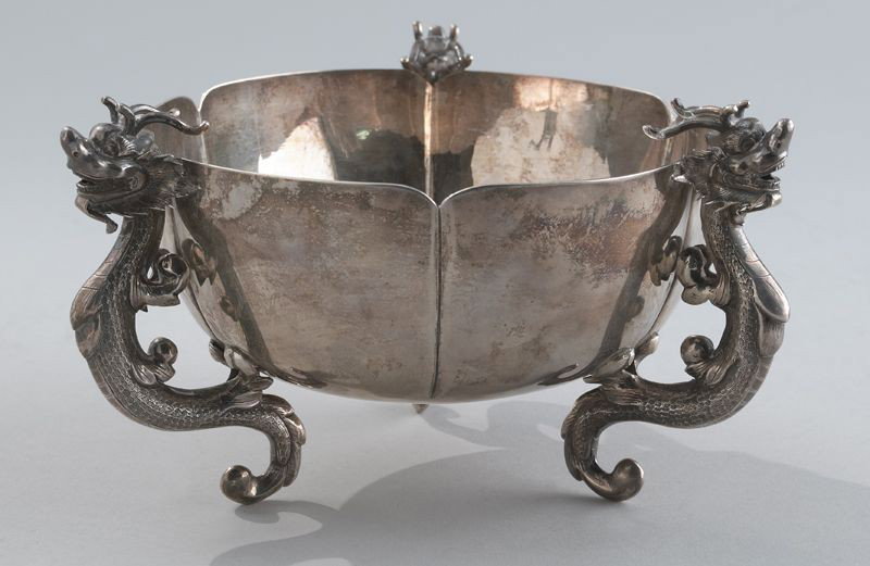 Chinese export Wang Hing and Co. silver bowl.: having three dragon handles. Marked on base, WH90. 12.66 ozt. 4"H x 5.5" Dia., Circa - Late 19th - Early 20th C.