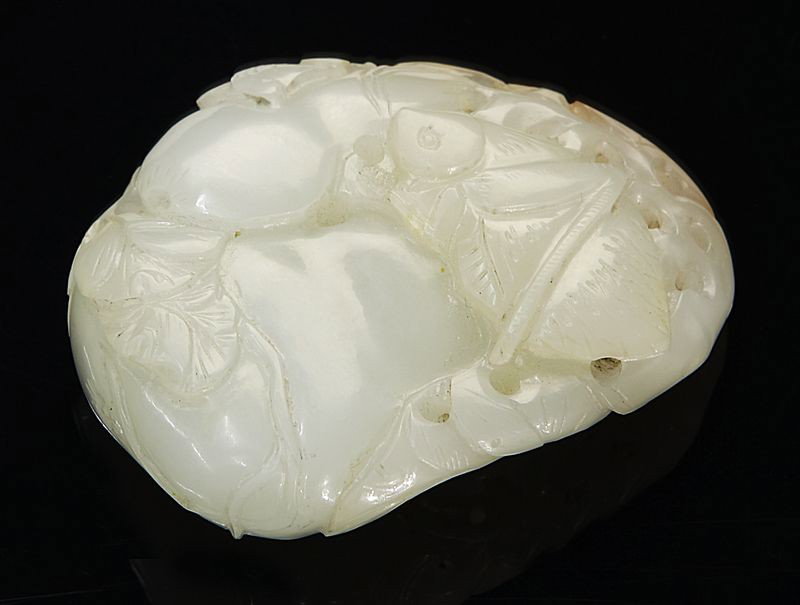 Chinese Qing carved white jade pendant: depicting double gourds and a cricket. 2"H x 1.5"W, Circa - 18th C.