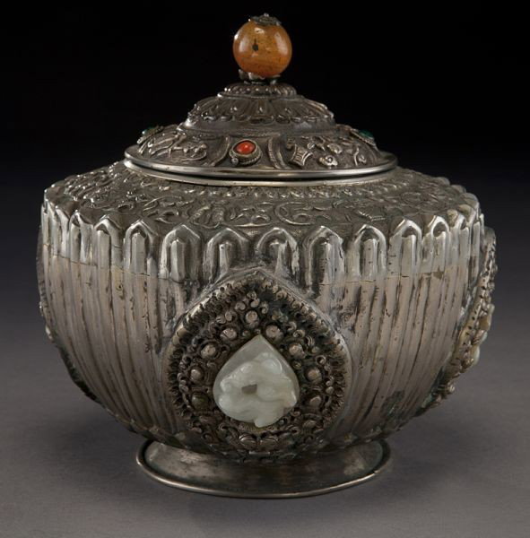 Chinese-Mongolian white jade inlaid covered jar.: 6"H x 6.5" Dia., Circa - Late 19th - Early 20th C.