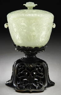 Chinese Qing carved Mughal style jade lidded cup,: depicting passion flowers, raised on a finely carved rosewood stand. Cup: 3.5"H x 3" Dia., Circa - 18th - 19th C.