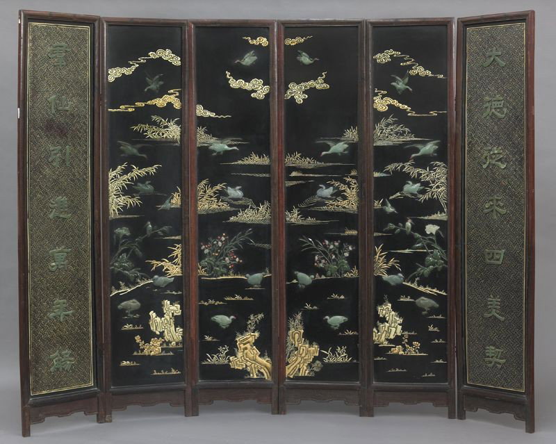 Chinese jade mounted six panel screen,: depicting wild geese, with a two-line poem on each side. 74.5"H x 100.5"W, Circa - Early 20th C.