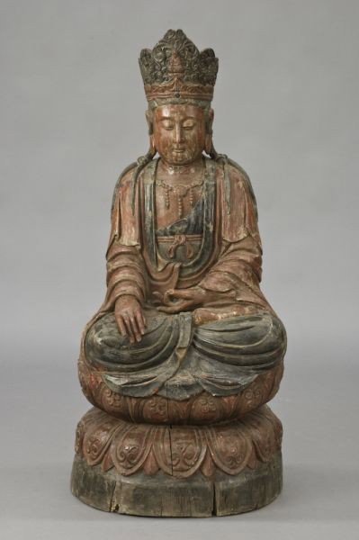 Chinese Ming carved wood Shakyamuni Buddha: seated on a lotus throne, hands in Buddhist Mudra. 53"H, Circa - 16th - 17th C.