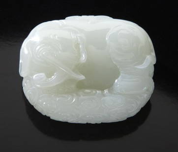 Chinese Qing Qianlong carved white jade elephant: standing in clouds. 1.75"H x 2"W, Circa - 18th C.