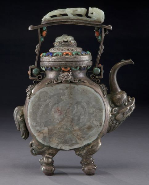 Chinese-Mongolian jade inlaid libation pot,: studded with coral and lapis lazuli beads. 13"H, Circa - Late 19th - Early 20th C.