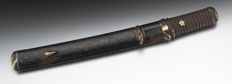 Japanese Tanto sword,: with a maple leaf lacquered sheath, and a mixed metal inlaid iron mounts. Blade: 12"L, Overall: 14"L,