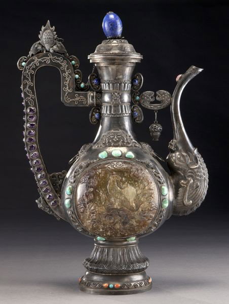 Chinese-Mongolian jade inlaid silver libation pot,: studded with lapis lazuli and turquoise beads. 17"H, Circa - Late 19th - Early 20th C.